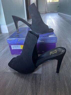 New York & Company Black Suede Open-Toe Mule Heels